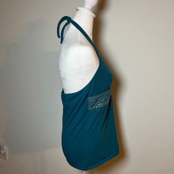 Y2K Turquoise Embroidered Bead Halter Top Blue Sz Large Fairy Pixie Boho Tie - Picture 8 of 8